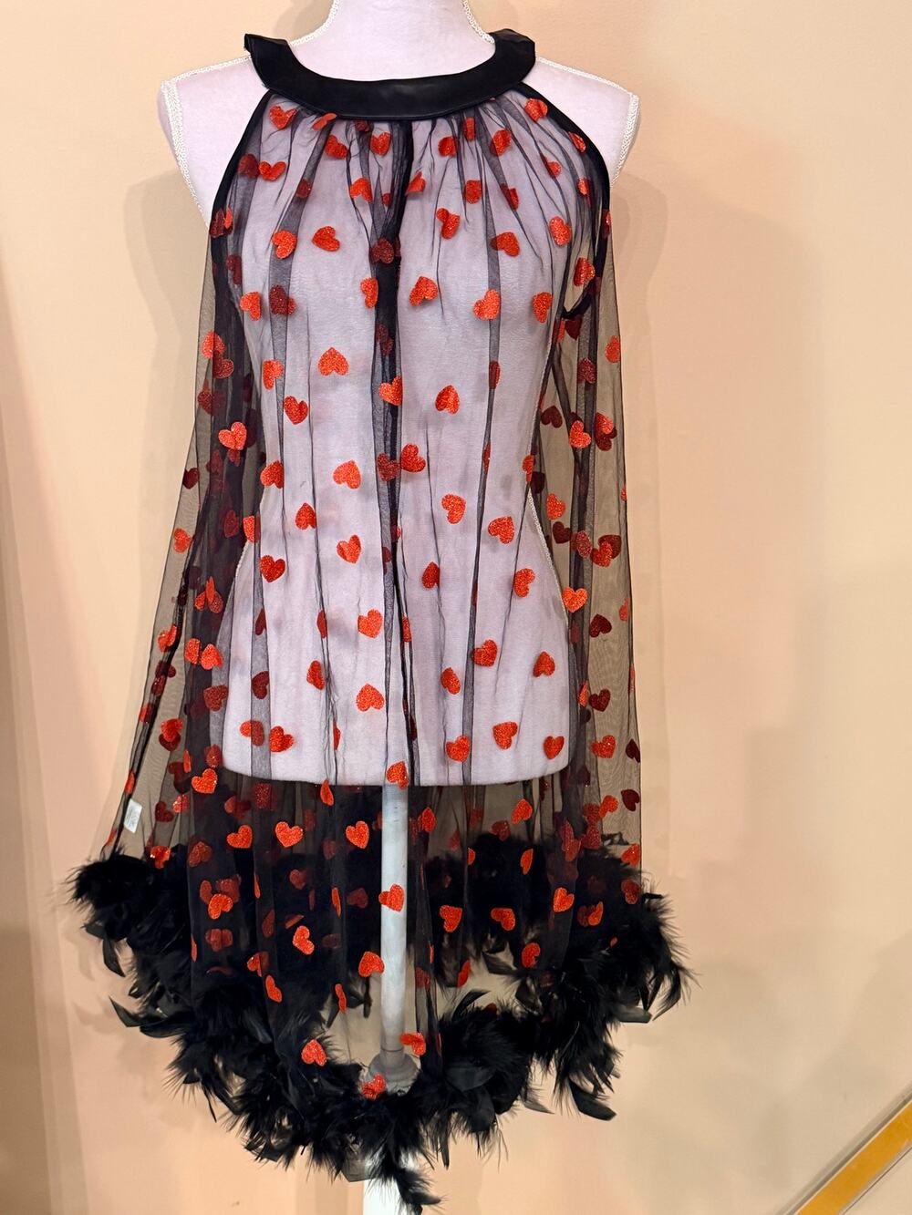 Smak Parlour Black Mesh Red Glitter Heart Cape Feather Trim Goth Halloween M NWT